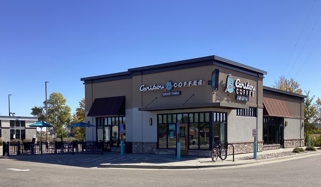 Storefront of the Caribou Coffee at 1416 East College Drive in Marshall