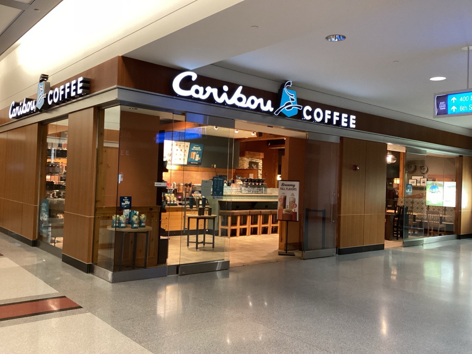 Storefront of the Caribou Coffee at 401 Robert Street in St. Paul