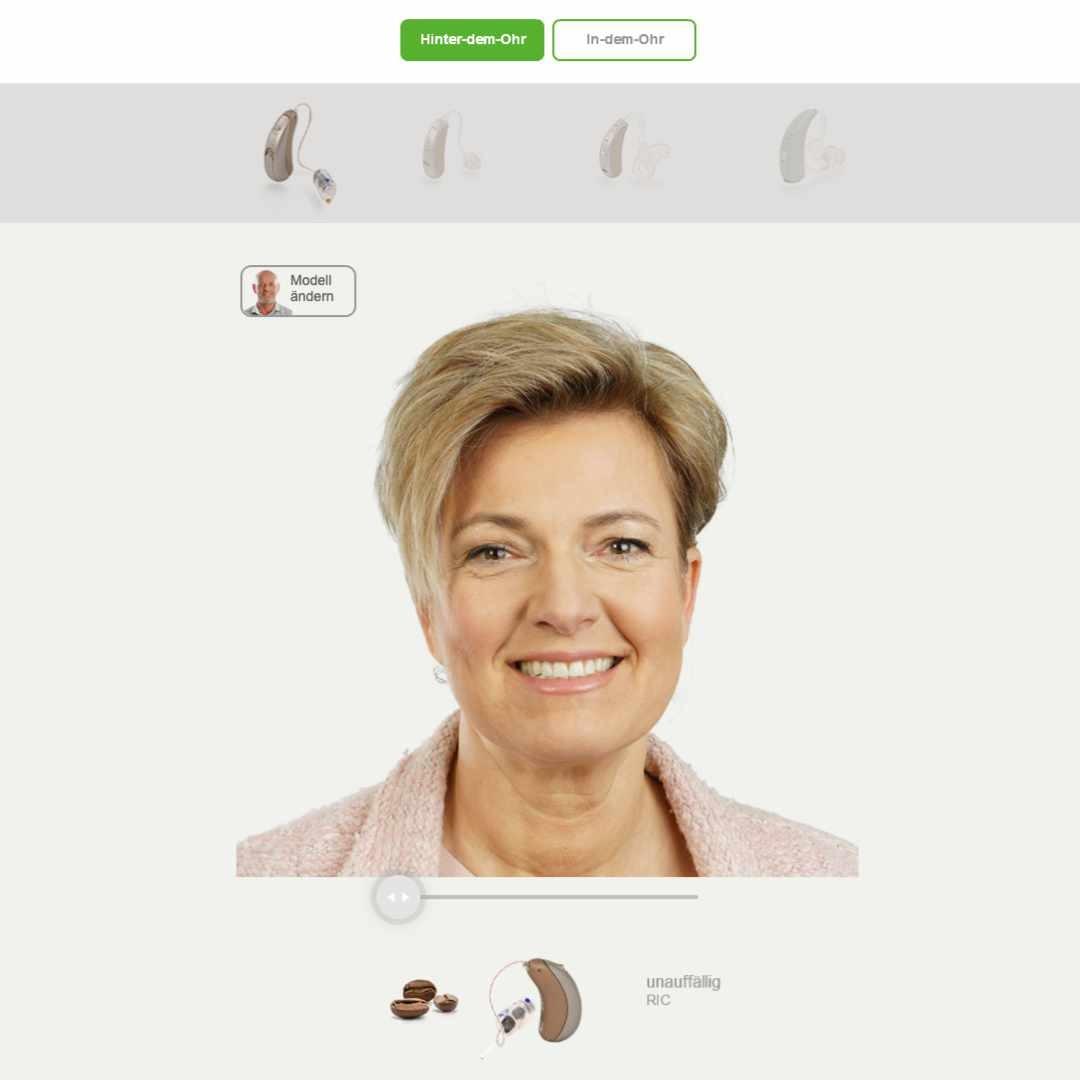 Bild zu Wie sehen Hörgeräte aus, wenn ich sie dann im Ohr trage? Das möchten viele unserer Kundinnen und Kunden schon vorab wissen. Mit unserem neuen Hörgeräte-Demo-Tool können Sie unterschiedliche Bauformen an verschiedenen Menschen ausprobieren: