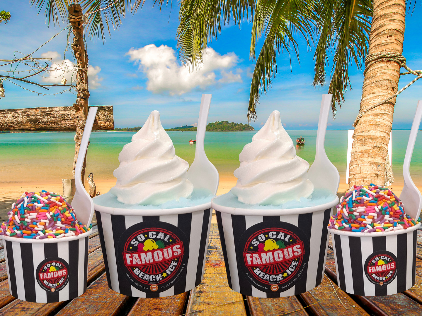 So Cal Famous Beach Ice desserts displayed on a tropical beach backdrop with palm trees and ocean views. Cups feature soft serve and colorful toppings, creating a vibrant, refreshing presentation that highlights fun, beach-inspired treats perfect for a sunny, relaxing atmosphere.