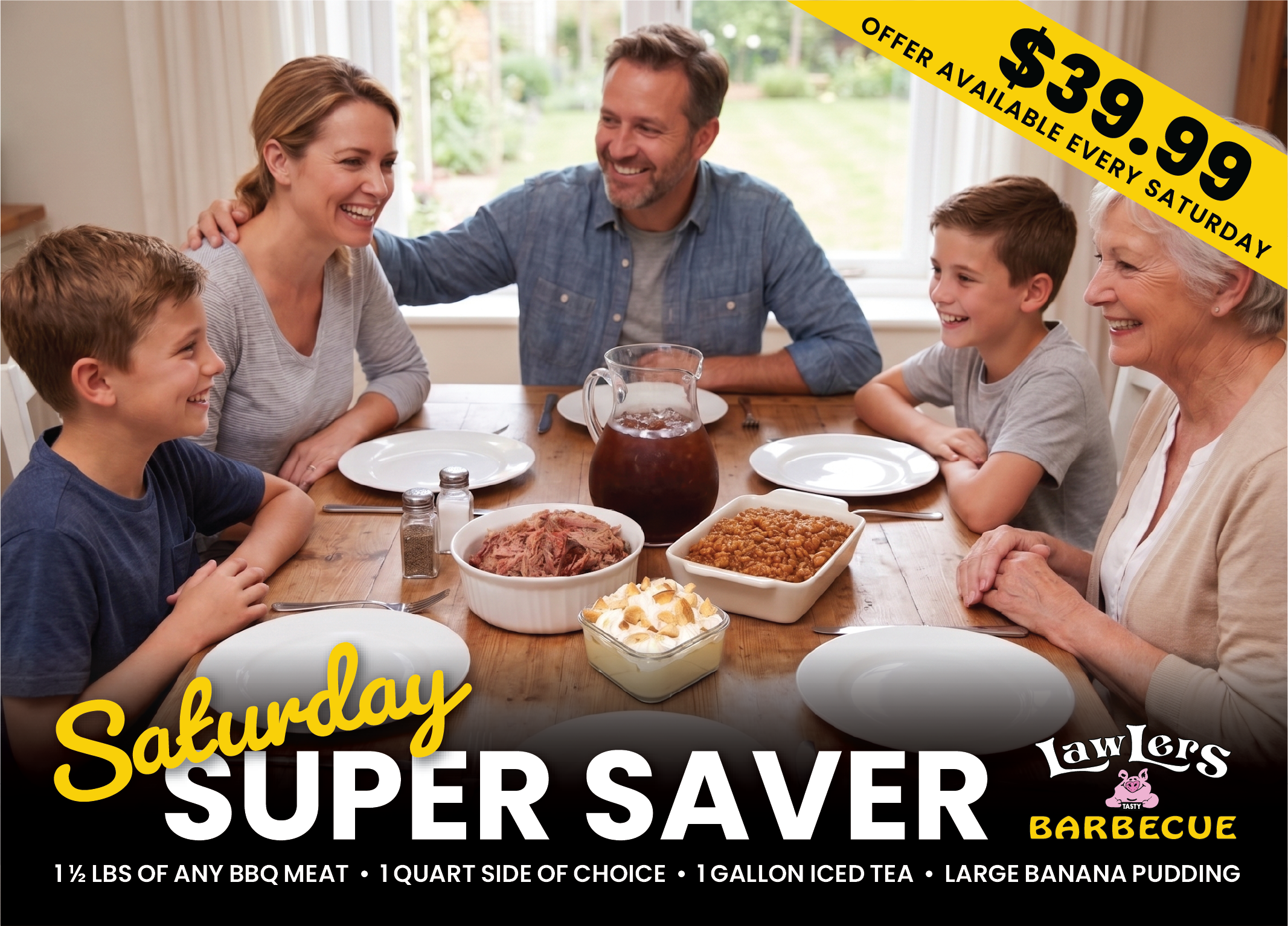 a complete meal including 1 1/2 pounds of any bbq meat, quart side of choice, gallon of tea and large banana pudding