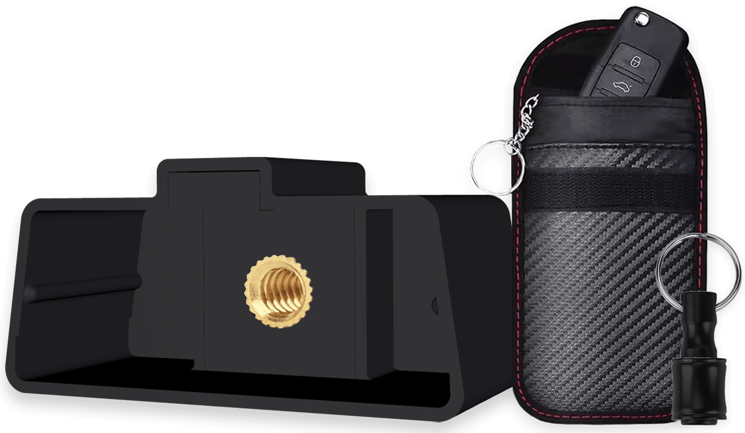This image features the GPS Leaders OBD2 Shield alongside a key fob Faraday pouch designed for enhanced vehicle security. The OBD2 shield is a durable protective cover that restricts unauthorized access to a vehicle&rsquo;s OBD2 diagnostic port, helping prevent theft attempts that exploit onboard key re-programming systems. Next to it, the carbon-fiber-style key fob Faraday pouch blocks RFID and wireless signals to prevent relay attacks and key cloning. Together, these products provide layered anti-theft protection for modern vehicles.