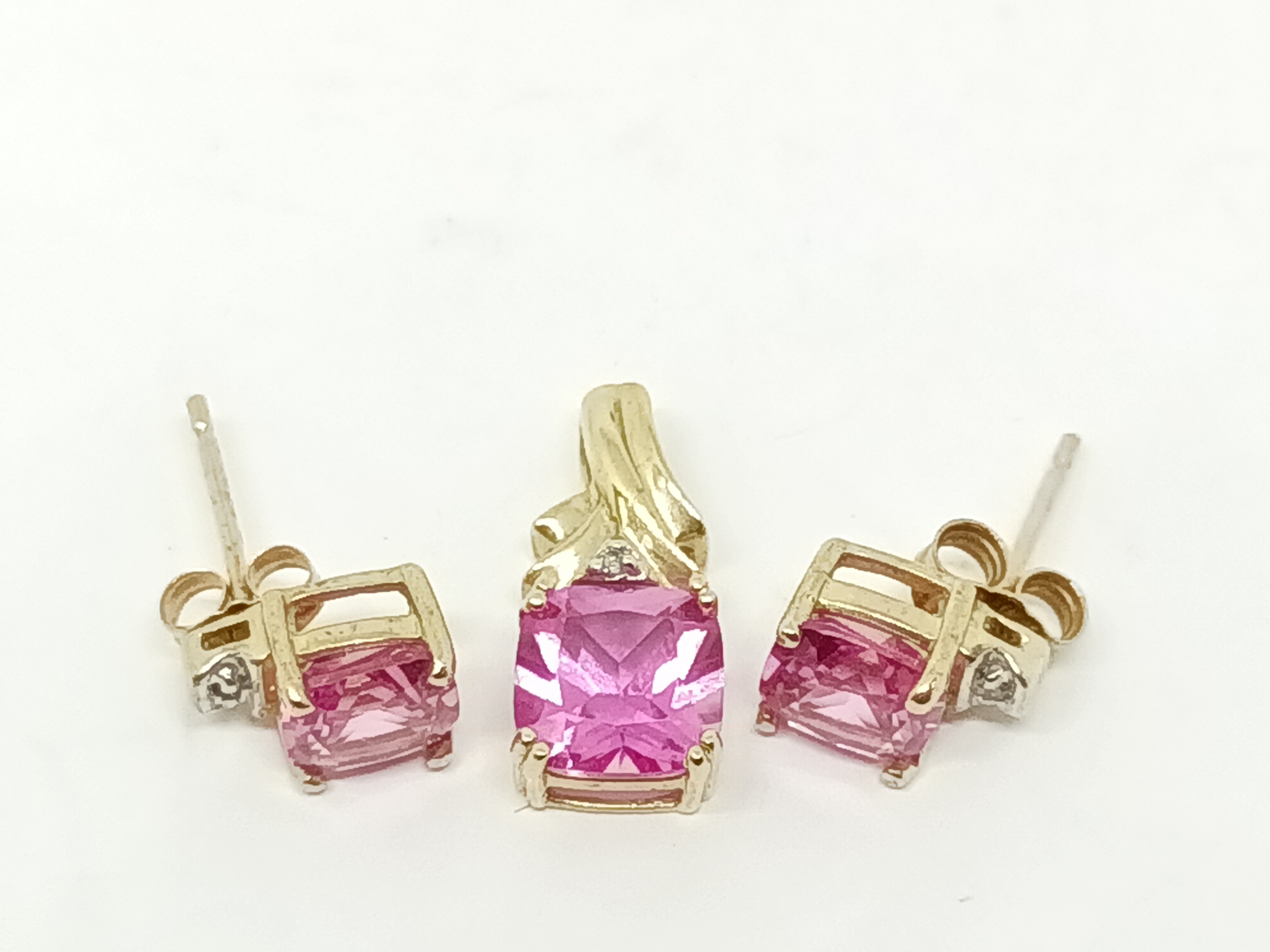 Pink Sapphire & Diamond Stud Earrings & Pendant Set 10k Gold 2.8 Grams