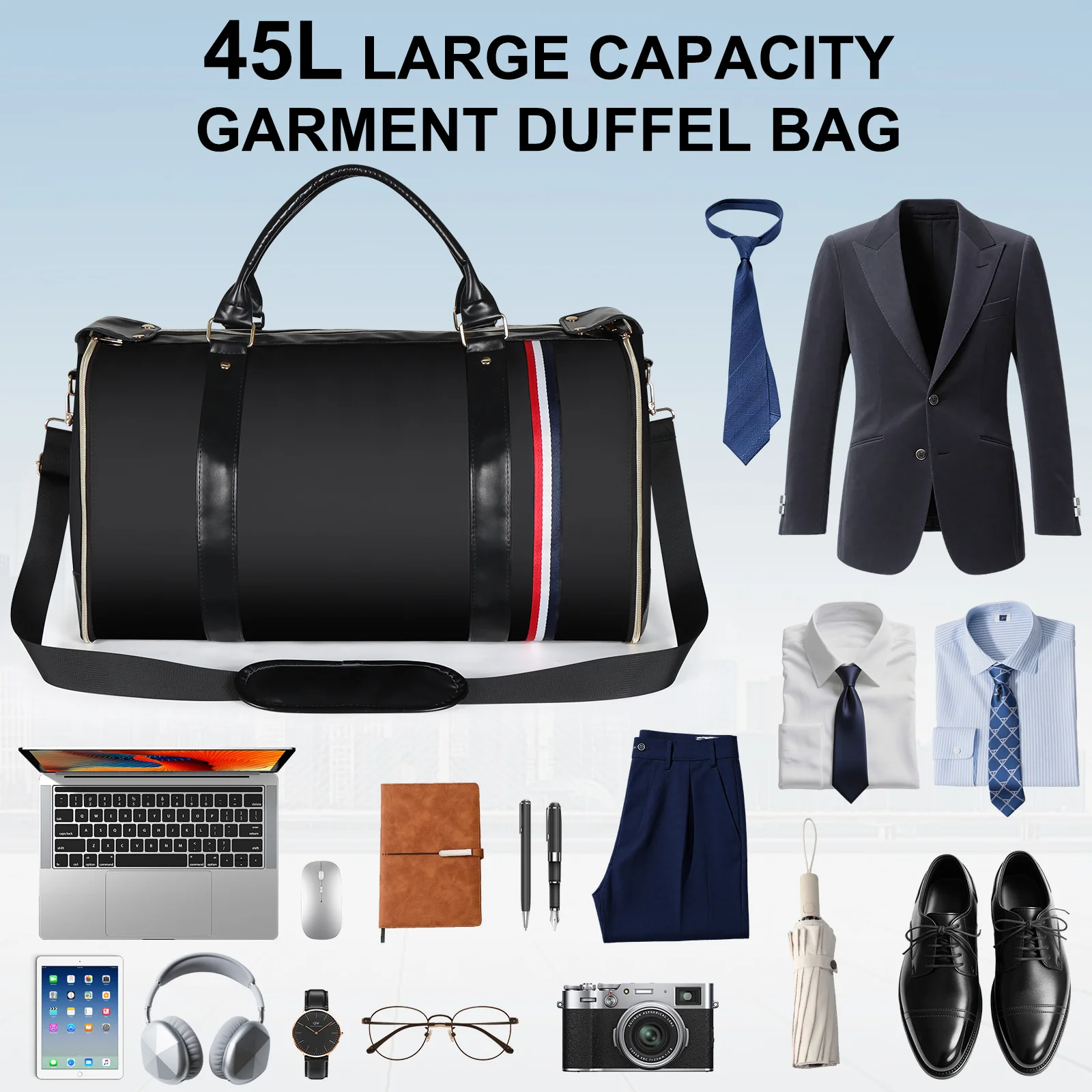 A promotional image showcasing a large capacity garment duffel bag along with various items that can be stored inside it, including clothing, electronics, and accessories.