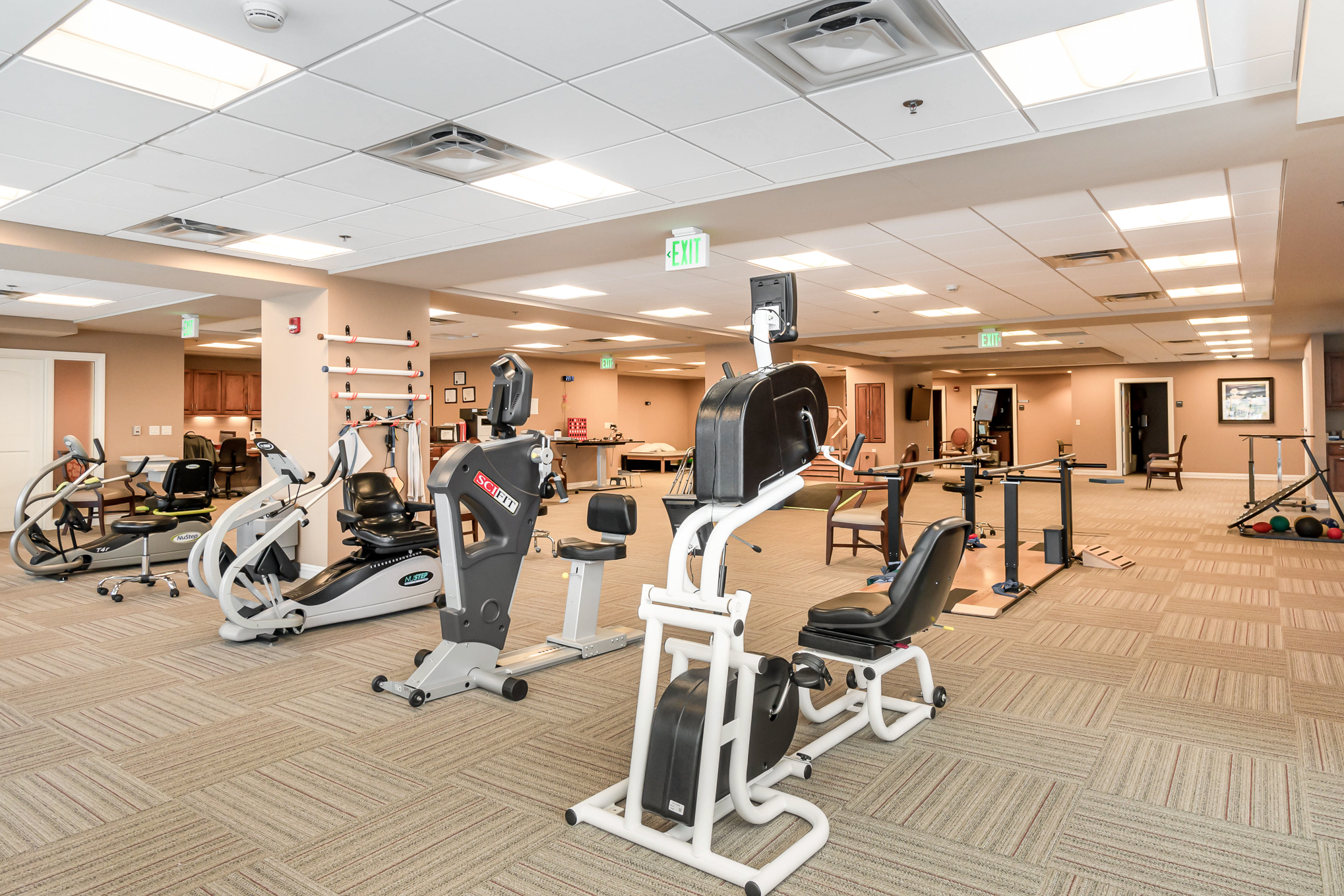 The fitness center where residents enjoy group classes and activities, and independent fitness.