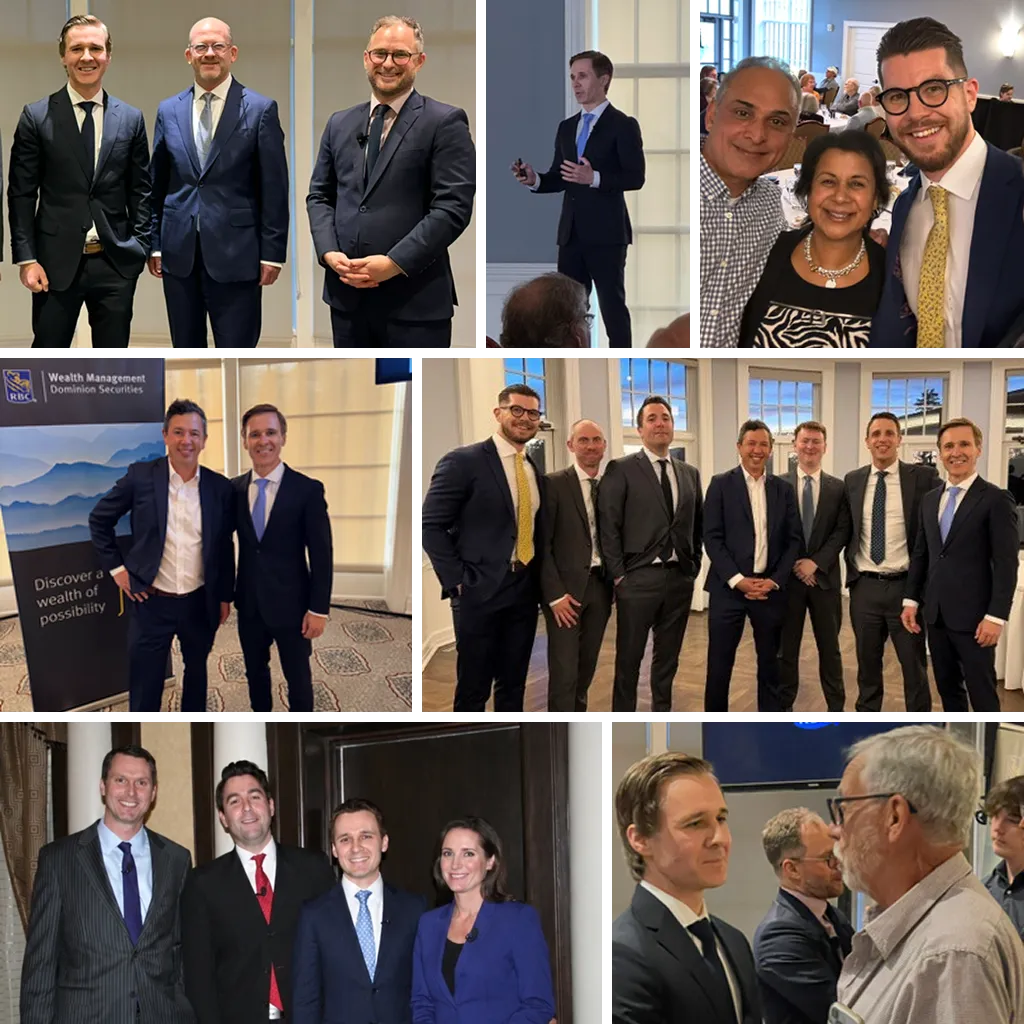 Photo collage of team members and guests at client events and conferences, with professionals posing at receptions and corporate functions.