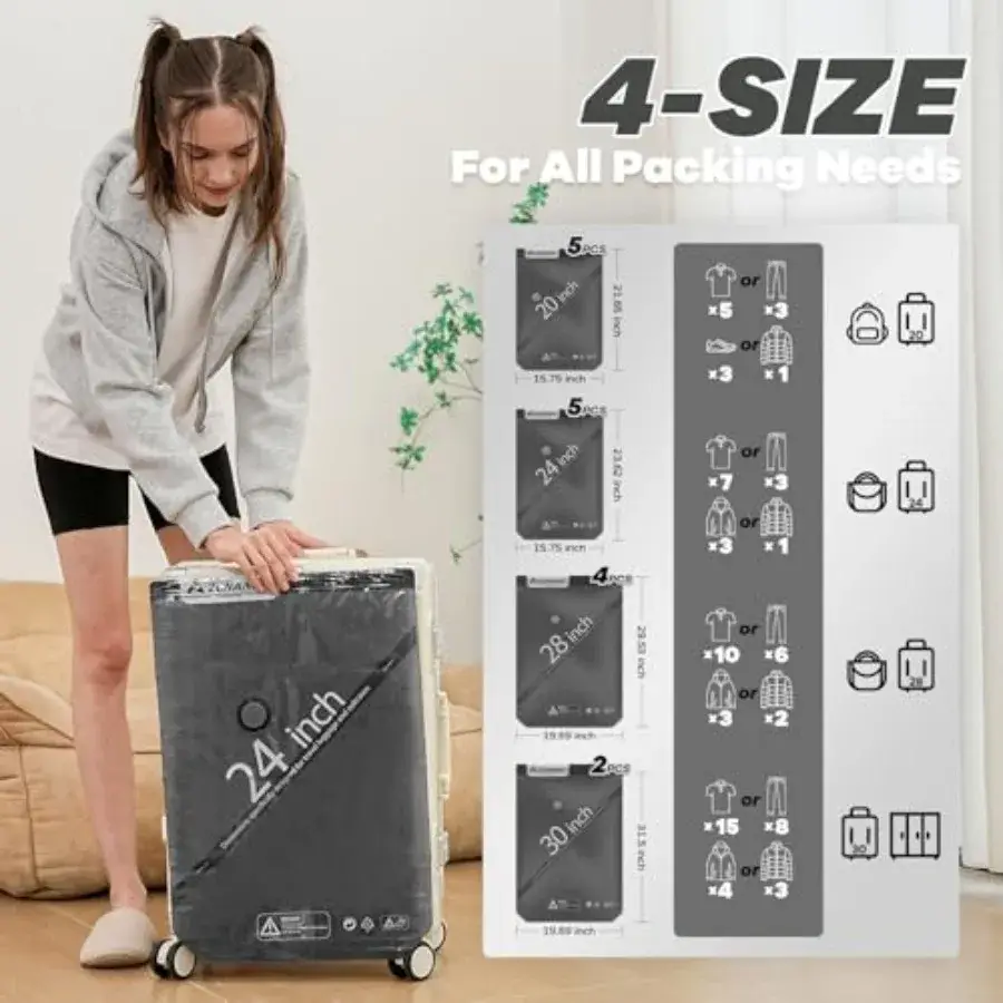 A young woman is shown closing a large, clear suitcase. Next to her is a graphic illustrating four different sizes of packing bags, detailing the number of items (t-shirts, pants, jackets) that can fit into each size, along with corresponding luggage icons. The text "4-SIZE For All Packing Needs" is prominently displayed.