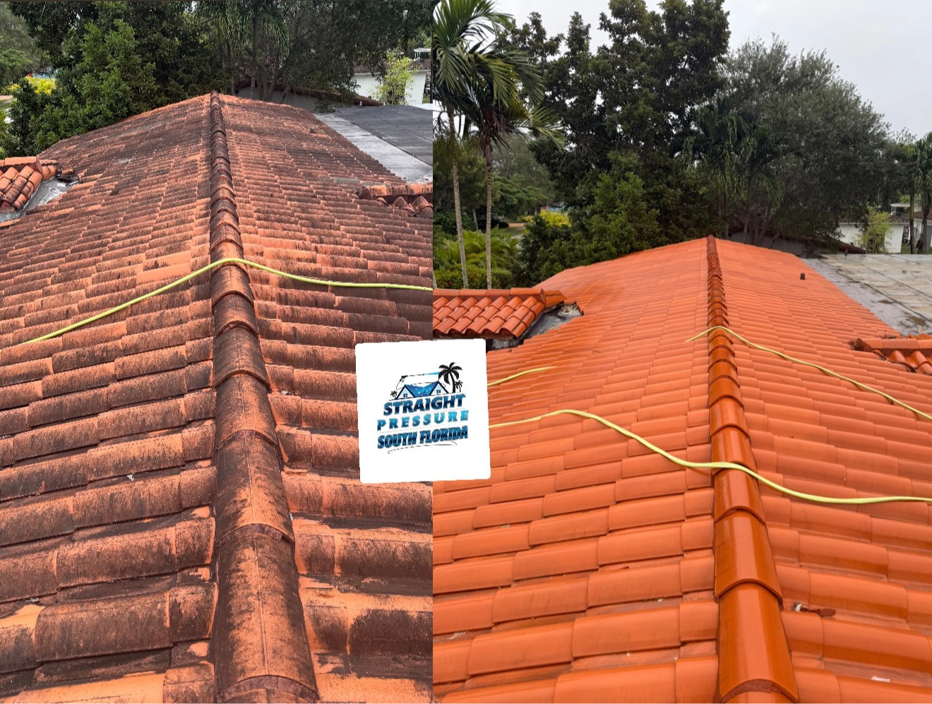 Red tile roof cleaning in Miami, FL. Dirt and mold removal by Straight Pressure South Florida to enhance your home's curb appeal.