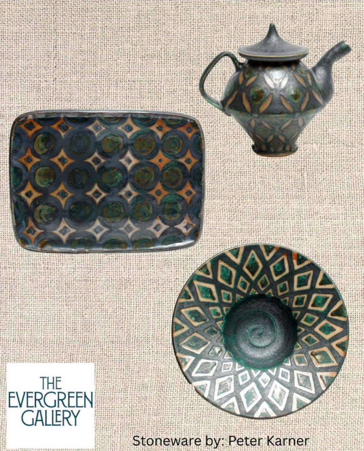 Handcrafted Peter Karner stoneware at The Evergreen Gallery features wax-resist patterns, detailed brushwork and carbon-trapped glazes, blending functional design with one-of-a-kind artistry.