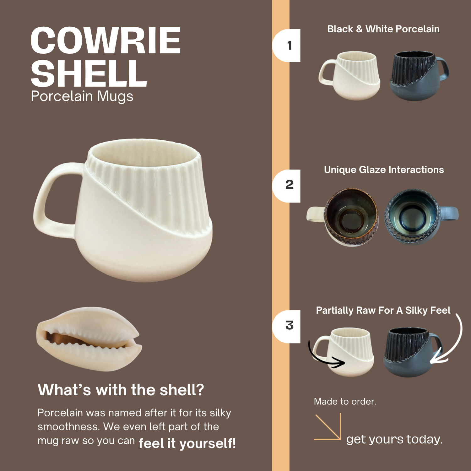 Handcrafted Cowrie Shell porcelain mug featuring a modern textured design with a smooth glazed finish and partially raw ceramic surface. Available in black and white, this artisan coffee mug combines contemporary style with everyday functionality for coffee, tea, or hot beverages.