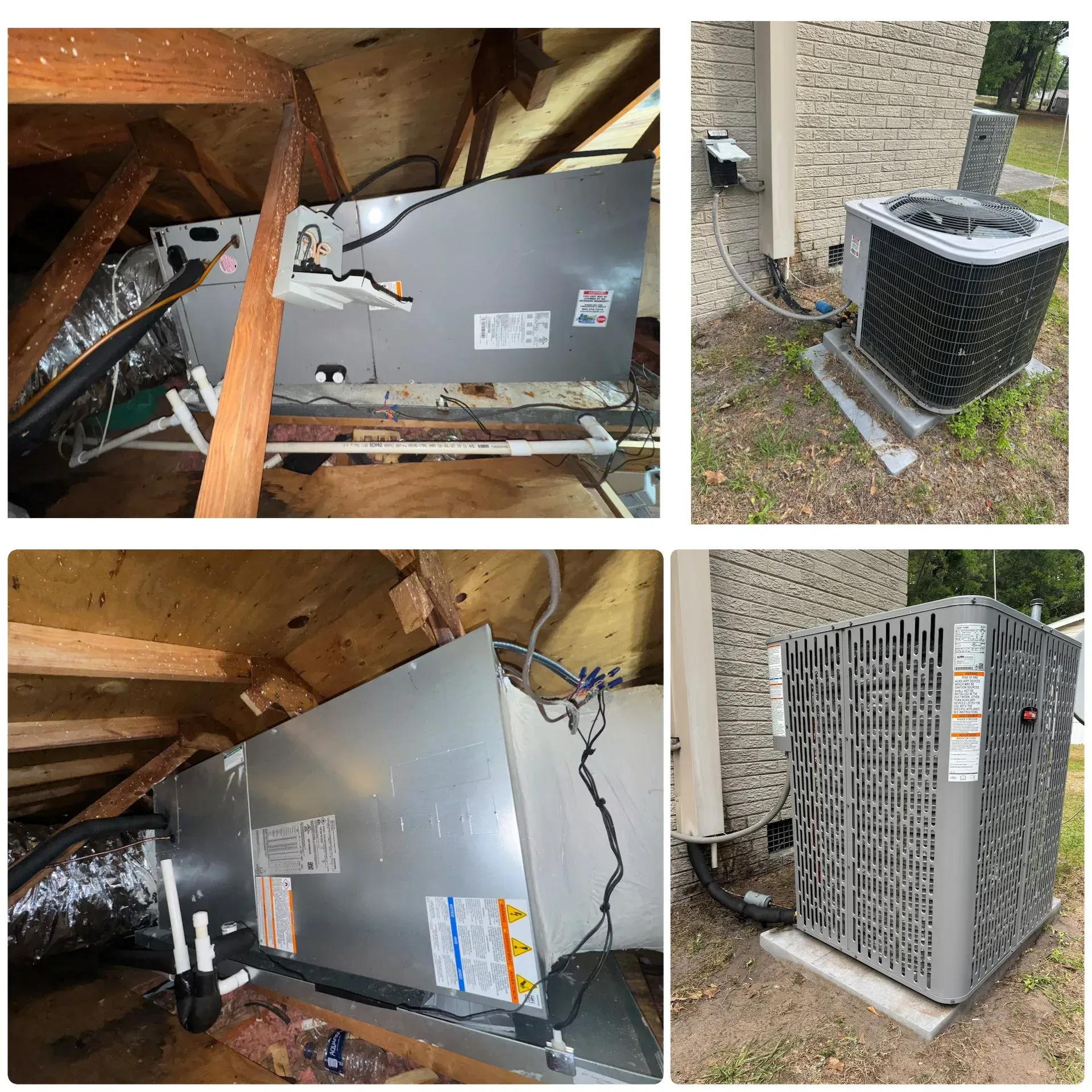 A four-panel collage showing before and after photos of an HVAC system replacement. The top two photos show an older, horizontal air handler unit in a wooden attic and an aging outdoor AC condenser sitting on a concrete pad. The bottom two photos display the clean, newly installed system, featuring a modern air handler with updated PVC drain lines in the attic, and a new, larger louvered outdoor AC unit next to a brick exterior wall.