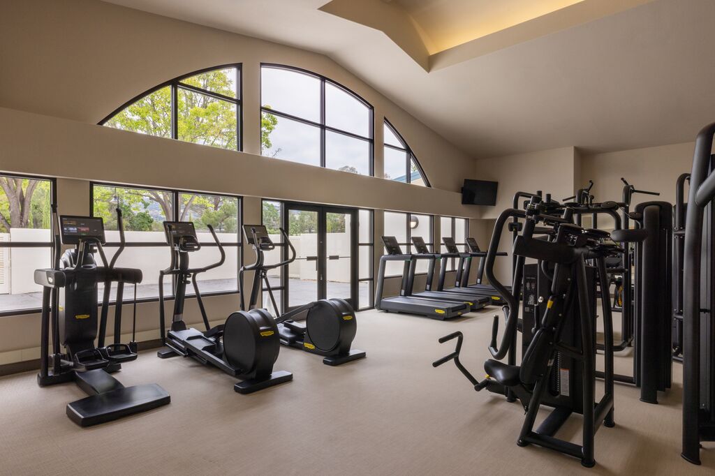 Technogym equipment, soaring arched windows, and a view of the valley — your morning workout looks a little different here.