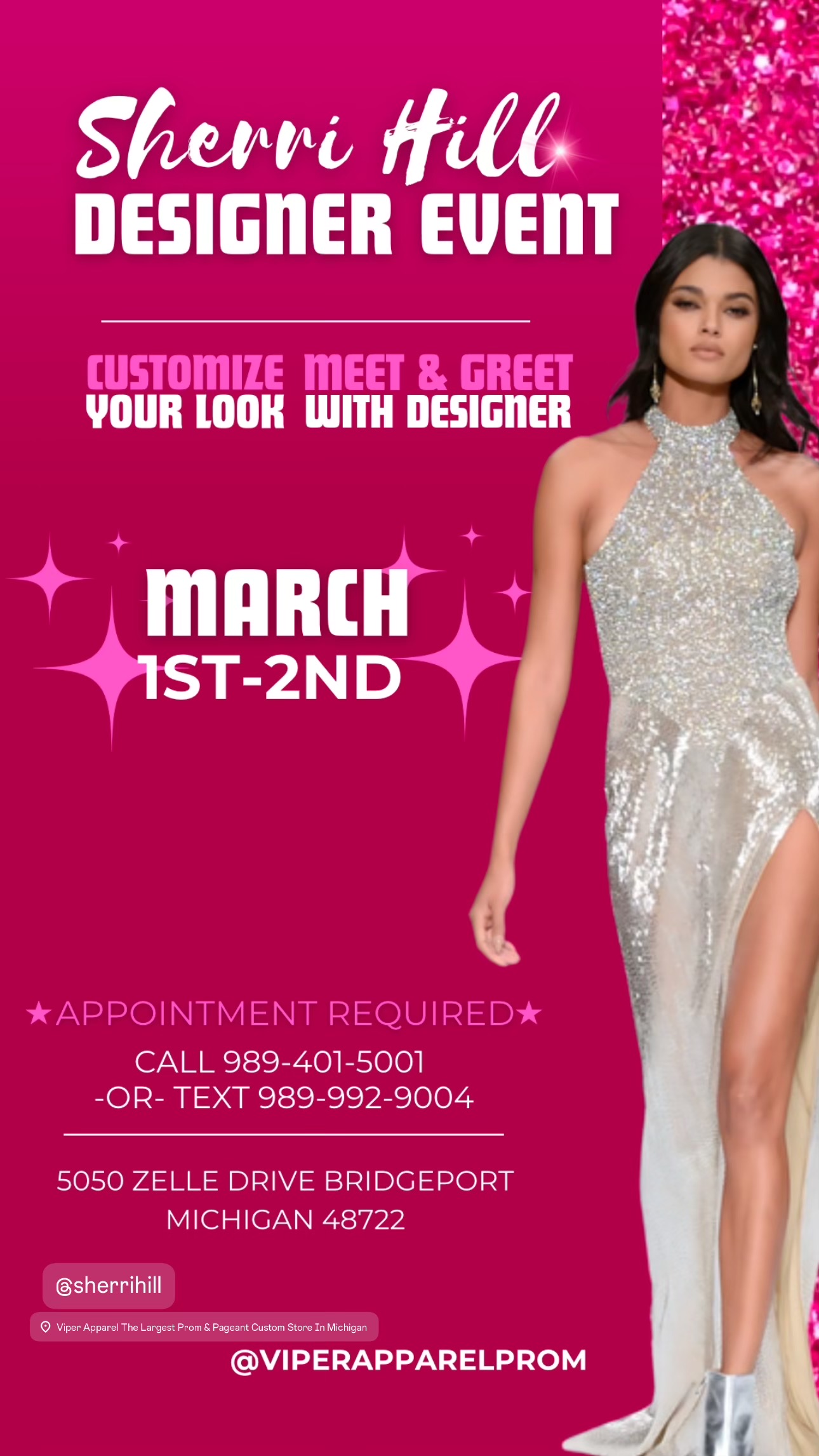 Book your appointment to design your dream dress with Sherri Hill at Viper Apparel in Michigan on March 1 and 2nd