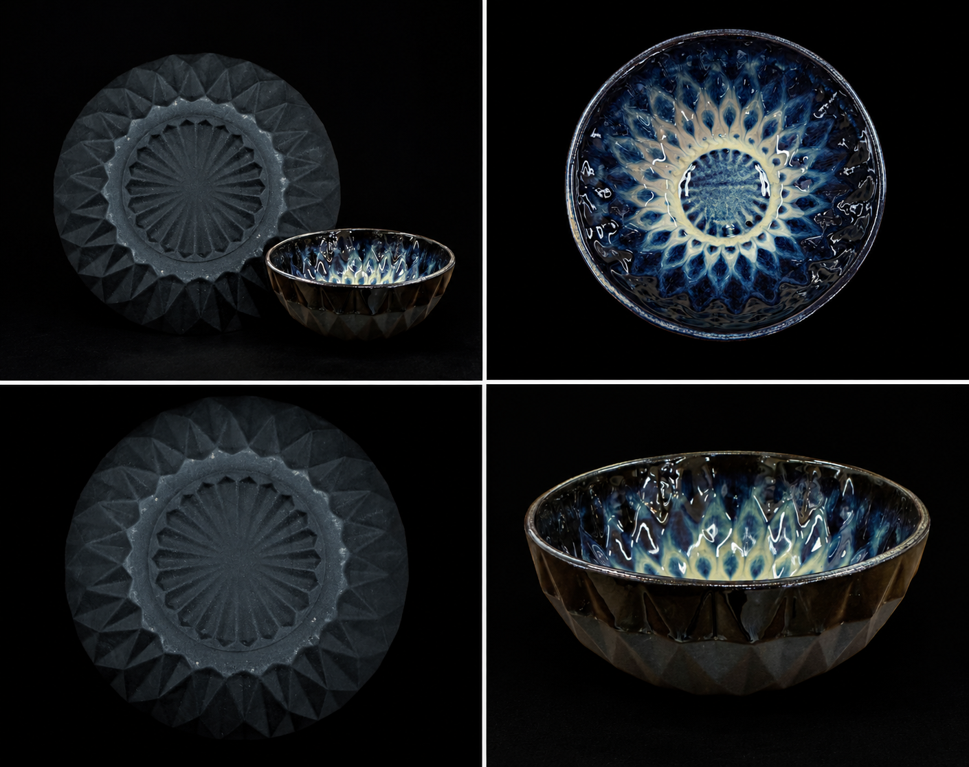 Elegant black porcelain sunflower bowl featuring a faceted exterior and a stunning blue floral glazed interior. A handcrafted ceramic piece perfect for serving, display, or everyday dining.