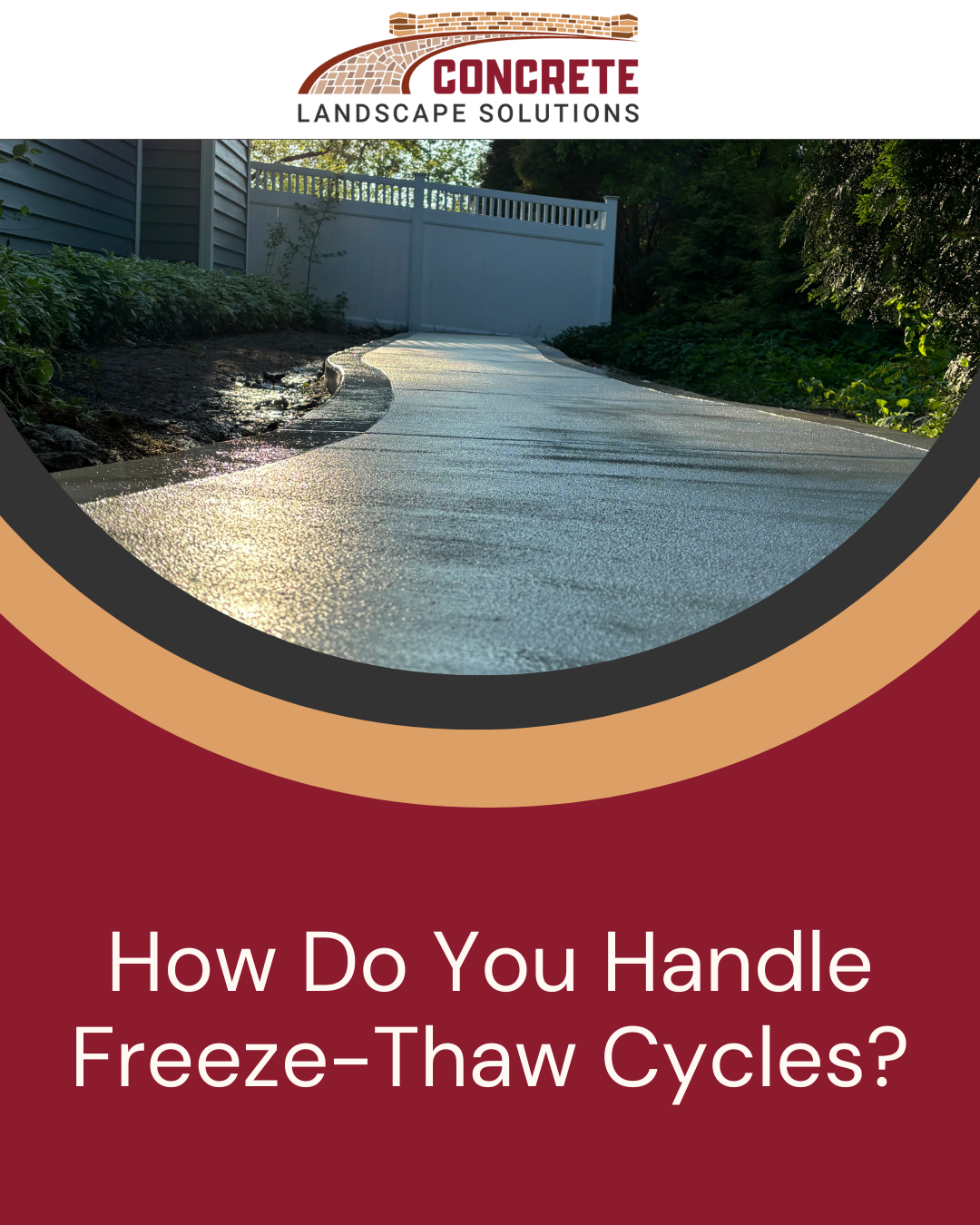 Concrete freeze-thaw cycle graphic showing a finished concrete surface and highlighting the importance of proper installation for long-term durability.