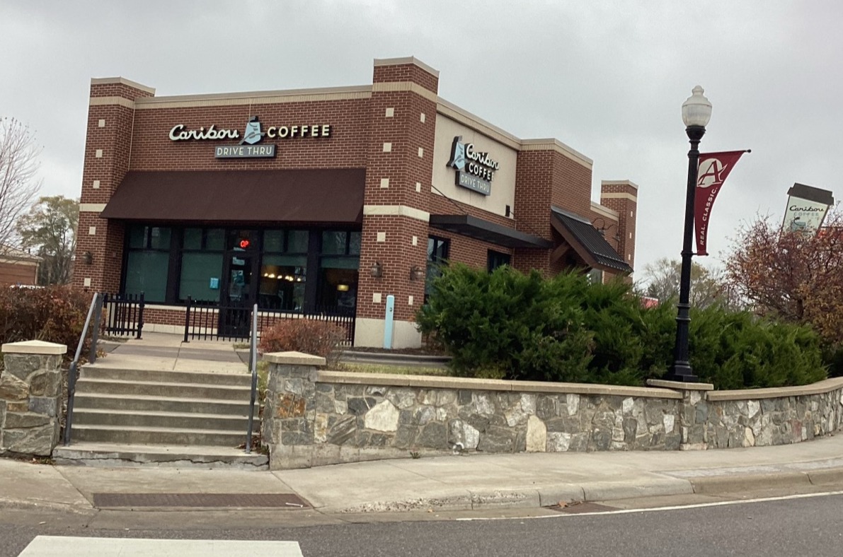 Storefront of the Caribou Coffee at 101 West Main Street in Anoka