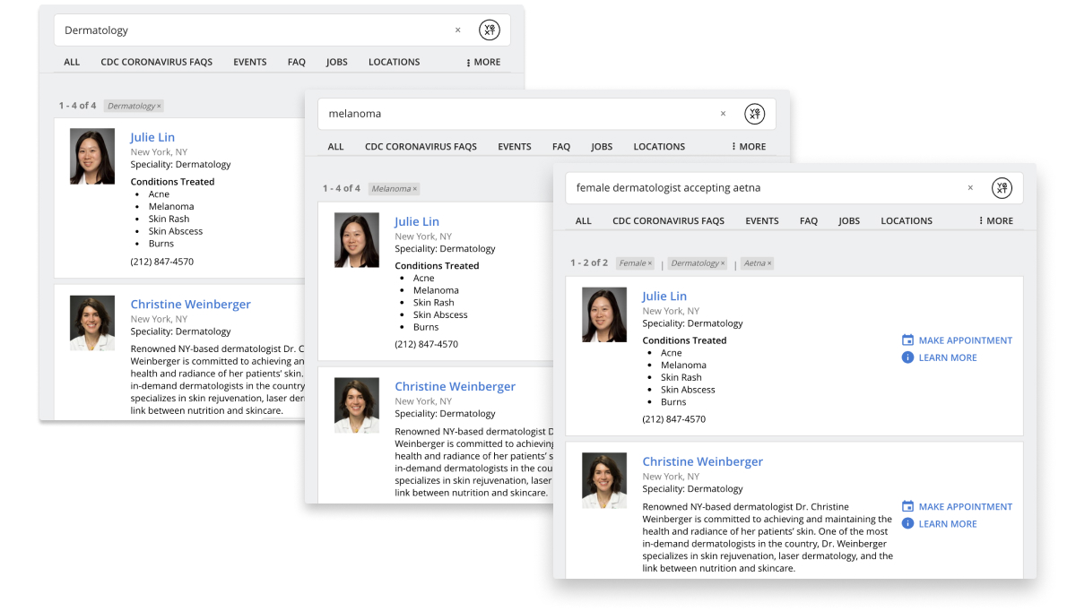 Three different Yext powered search experiences side by side. The first says Dermatology, followed by melanoma and female dermatologist accepting Aetna.