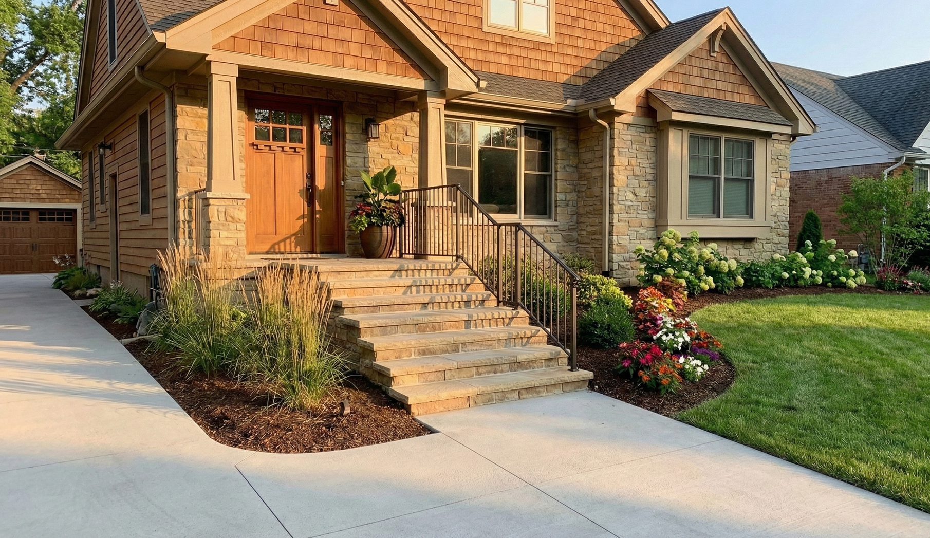 Modern residential home exterior featuring landscaped front yard, stone siding, decorative plants, and welcoming entry staircase. The property showcases quality construction, curb appeal enhancements, architectural detailing, and professional outdoor design for stylish and comfortable suburban living.