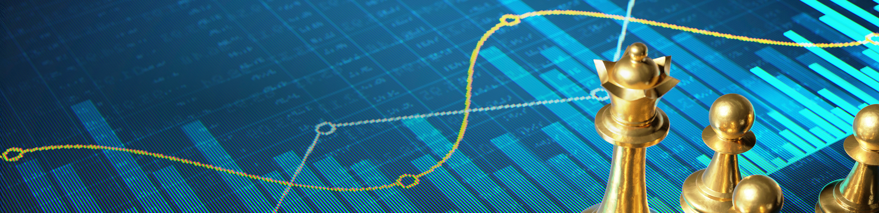 Pièces d'échecs sur des graphiques financiers.