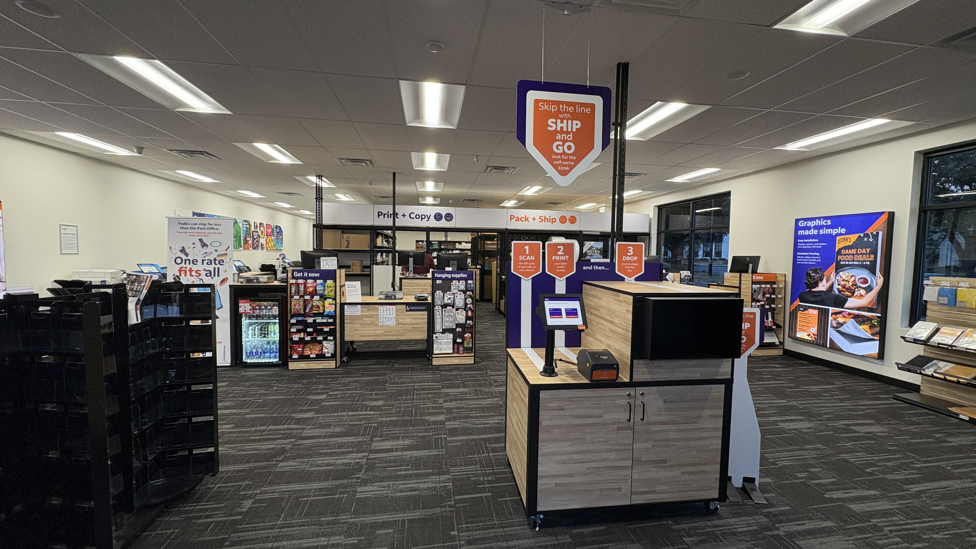 Full-Service Print, Pack & Ship: An overview of our clean and modern store layout in Columbia, SC. We offer everything from self-service drop-offs to expert help at our Print + Copy and Pack + Ship counters.