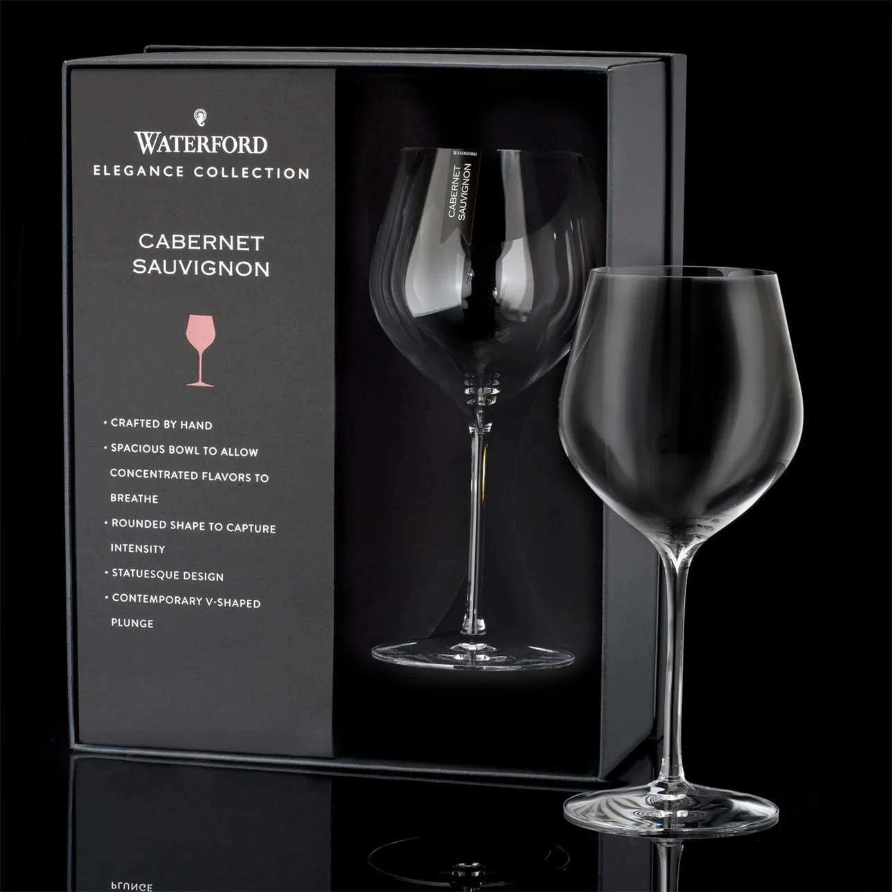 Waterford Elegance Cabernet Sauvignon Wine Glass, 25oz, Set/2
Unlock hidden and aromas and flavors with this Cabernet Sauvignon Wine Glass Pair and enjoy this typically dry, fruity and full-bodied red wine to its full potential. Expertly hand-crafted from fine crystal, these elegant red wine glasses have been carefully designed to enhance your favorite Cabernet Sauvignon. The wide base, spacious bowl and open rim invite oxygen into the wine to unlock its flavor, whilst lessening the effects that its tannin impart on the connoisseur. Each crystal wine glass is uniquely contemporary in design, with a deep V plunge and sleek pulled stem producing a flawlessly modern profile.
Crafted from the finest luxury crystal
Specially designed to enhance your favorite Cabernet Sauvignon
Spacious bowl concentrates the flavor
Wide rim allows wine to breathe and unlocks aromas and flavors
Divine pulled stem showcases elite craftsmanship
Durable wine glass that’s crafted for timeless enjoyment
Beautifully presented in classic Waterford packaging