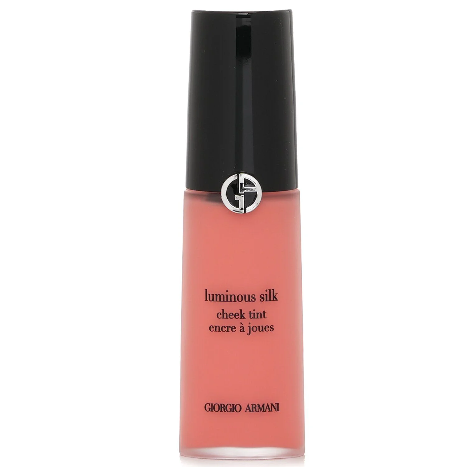 A studio shot of a bottle of Giorgio Armani Luminous Silk Cheek Tint in a coral shade.