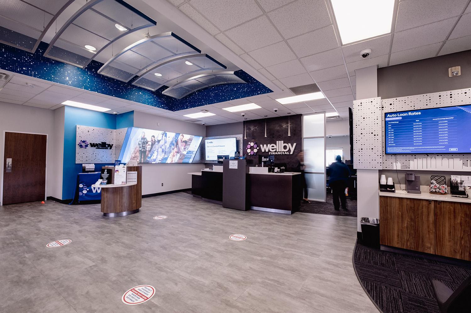 Interior lobby of federal credit union with finance professionals Wellby Financial Dickinson (281)488-7070