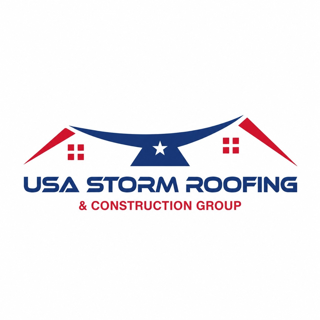 USA Storm Roofing and Construction Group logo featuring a red, white, and blue roof design with a ce 