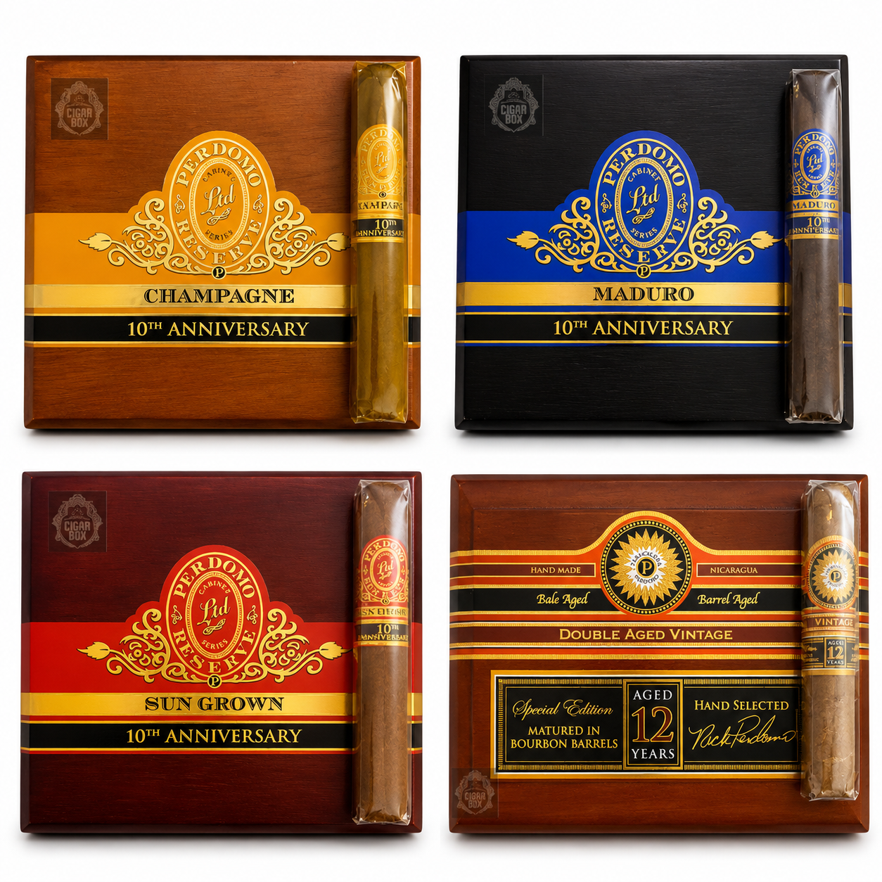 Explore the Perdomo 10th Anniversary premium cigar collection featuring Champagne, Maduro, Sun Grown, and Double Aged Vintage blends. Handcrafted for exceptional flavor and a refined smoking experience.
