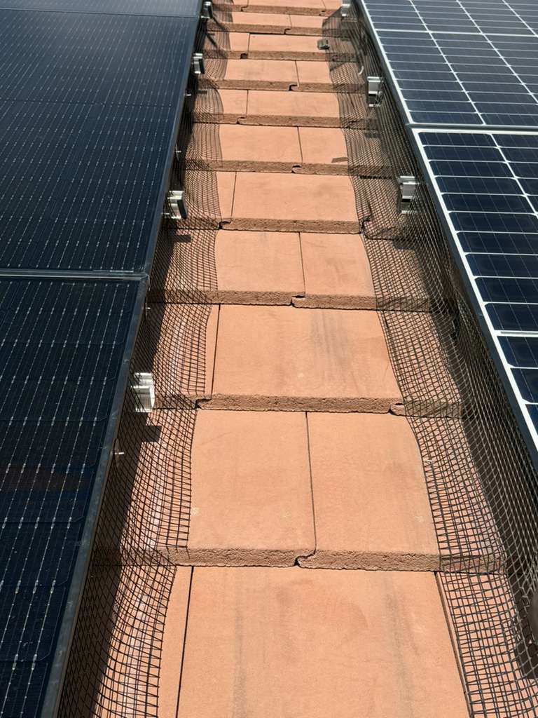Professional solar panel pigeon guard installation by SunWorx Solar Services on a residential tile roof in Buckeye, Arizona.