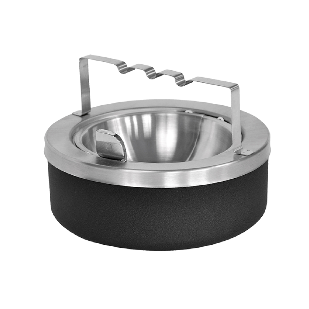The Flip Top Tabletop Ashtray has a large capacity, is made of stainless steel, and has a self-closing flip top that empties straight into the unit.
