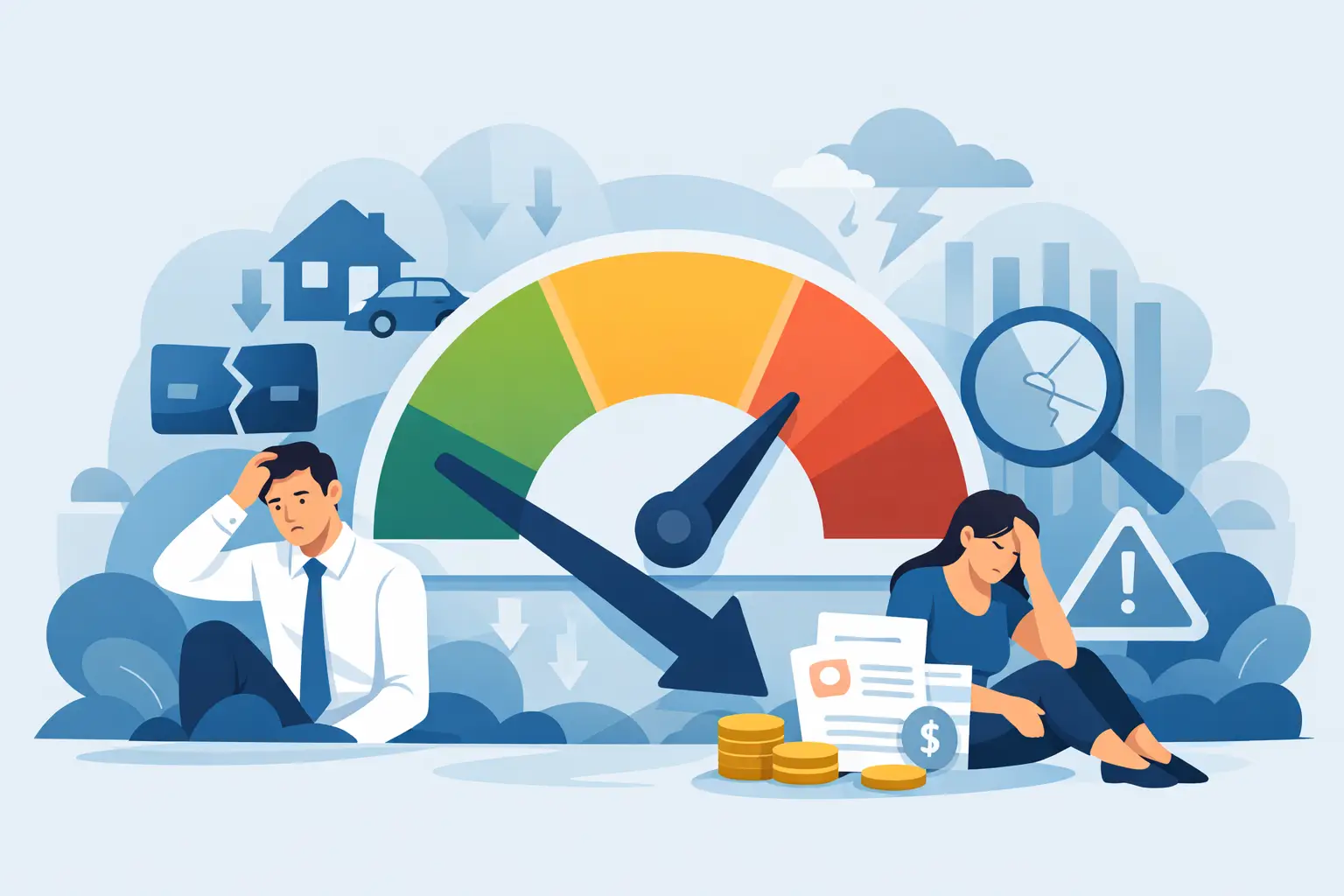An illustration depicts two individuals looking distressed, surrounded by symbols of financial hardship. A large gauge in the center, reminiscent of a credit score meter, shows a needle in the red zone, indicating a low score. Surrounding elements include icons of a house, a car, a broken wallet, stacks of coins, financial documents, a magnifying glass over a cracked screen, and a warning sign with an exclamation mark. Downward arrows suggest decline, and stormy clouds with lightning add to the atmosphere of crisis. The overall scene conveys a sense of financial distress and the negative impact on credit scores.