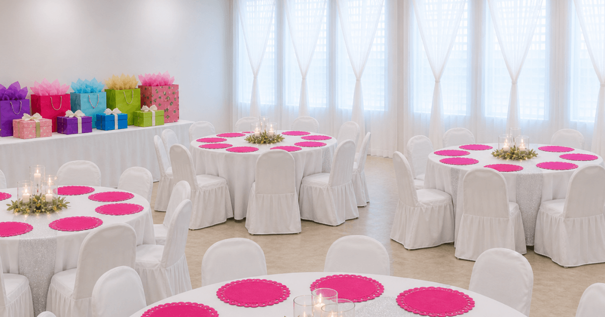 A bright, well-lit room set up for an event, possibly a party or reception, with round tables covered in white tablecloths. Each table is adorned with a centerpiece featuring candles and greenery, and has bright pink placemats. A table in the background displays a colorful assortment of gift bags and boxes.