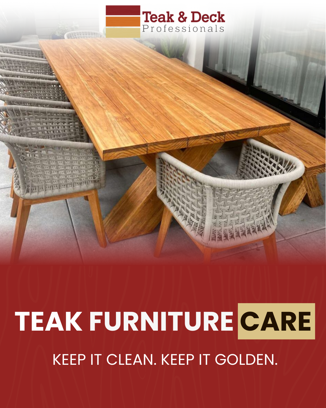 Teak outdoor dining table with woven chairs, highlighting professional teak furniture care and maintenance.