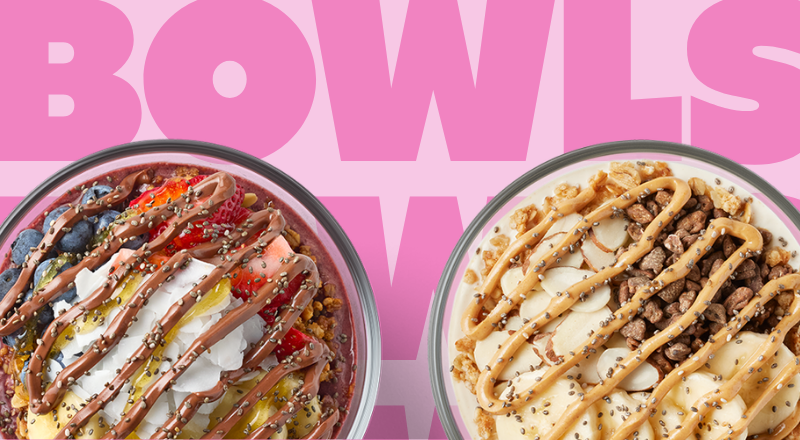 Tropical Smoothie Cafe Tropic Bowls featuring Acai bowl with Nutella® and PB Protein Crunch Bowl.