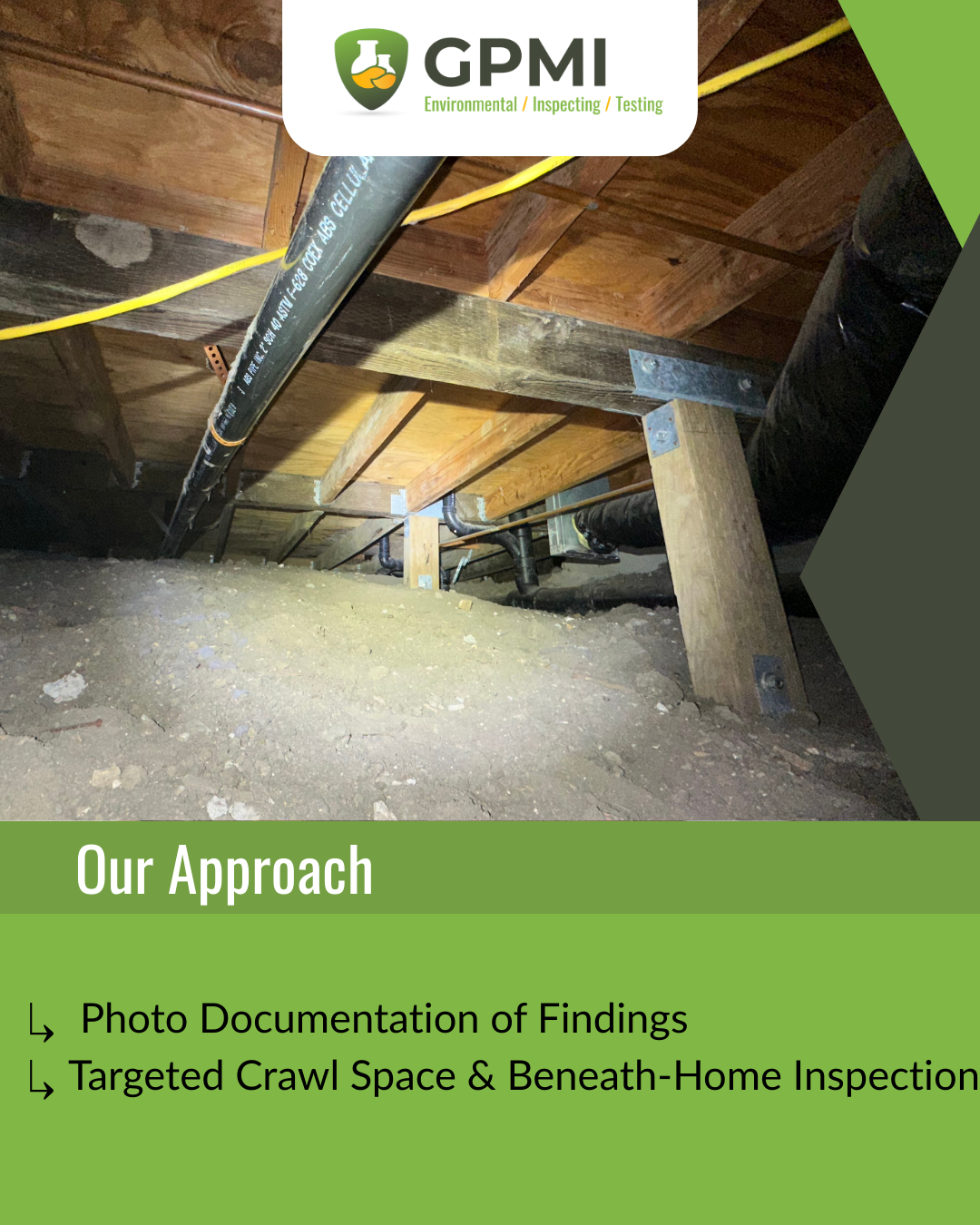 Attic inspection photo showing exposed insulation and roof framing being evaluated for moisture, mold, and ventilation issues.