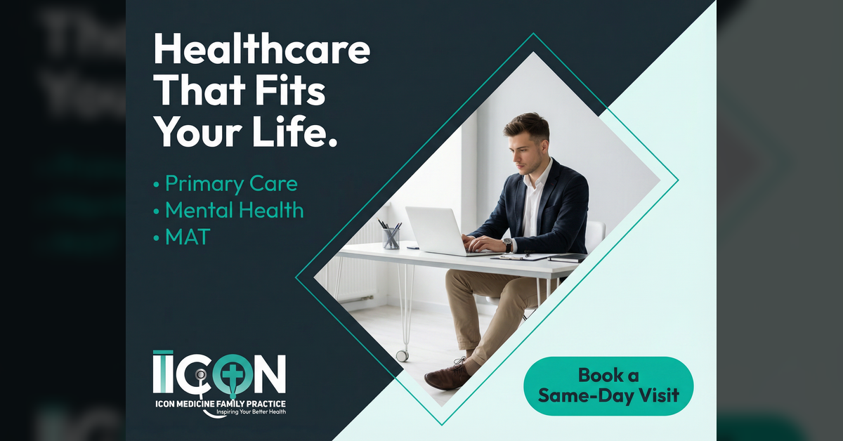 A man in a suit and khakis sits at a desk working on a laptop. The background is dark blue with a diagonal teal line and a white diamond shape behind the man. Text on the left side reads "Healthcare That Fits Your Life." Below the text are bullet points for "Primary Care," "Mental Health," and "MAT." The logo for "ICON MEDICINE FAMILY PRACTICE Inspiring Your Better Health" is at the bottom left. A teal button on the right says "Book a Same-Day Visit."