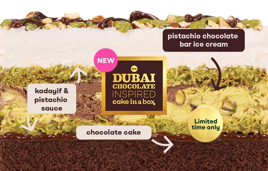 Order our NEW Dubai Chocolate Inspired Cake in a Box & satisfy your cravings for this iconic flavor.