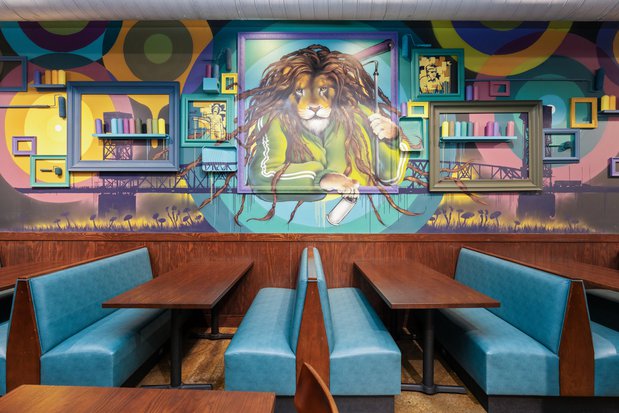 mellow mushroom booths and mural