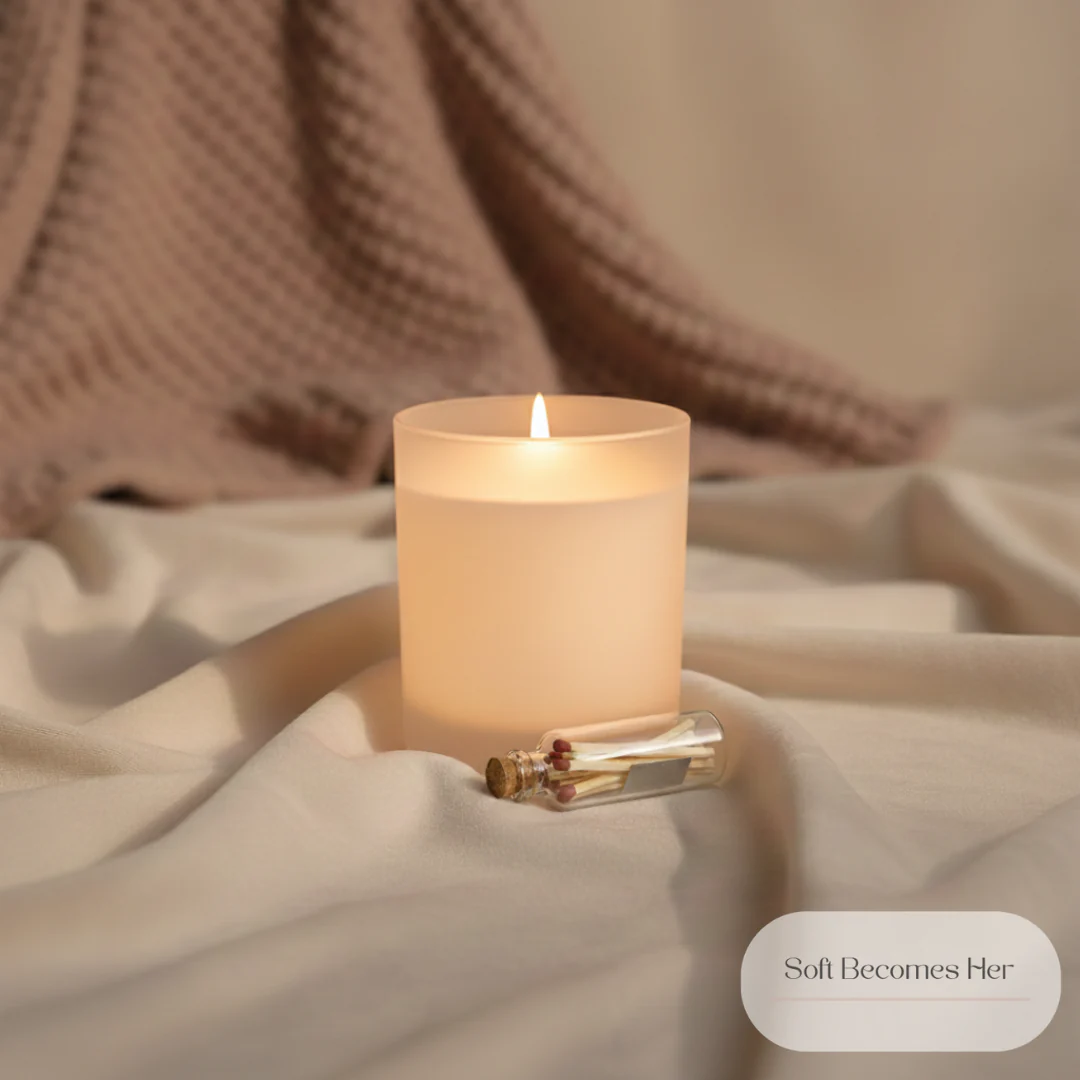 A lit candle in a frosted glass container sits on draped fabric next to a small glass bottle filled with matches. A textured blanket is visible in the background.