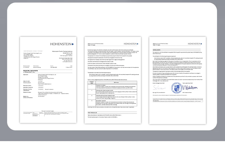 Three official documents are displayed, each featuring the HOHENSTEIN logo. The documents appear to be technical reports or certifications, with one clearly labeled as a 'Report No. 23.0.47078' and another as a 'CONCLUSION'. The pages contain text, tables, signatures, and a circular emblem with intricate detailing, suggesting a formal and professional context related to textile testing and certification.