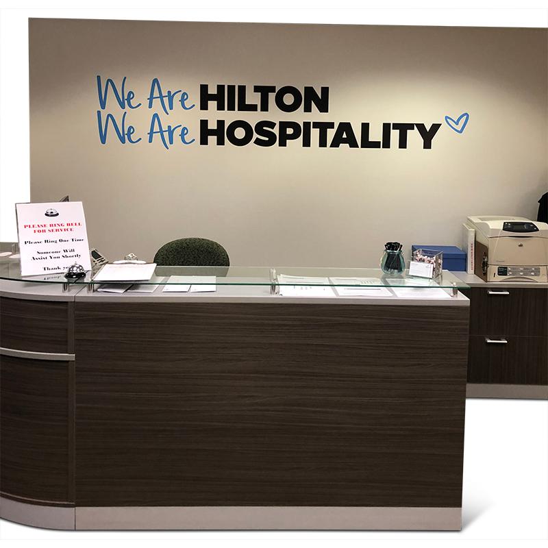 Lobby wall graphic for Hilton. Display graphics by PLC Print.