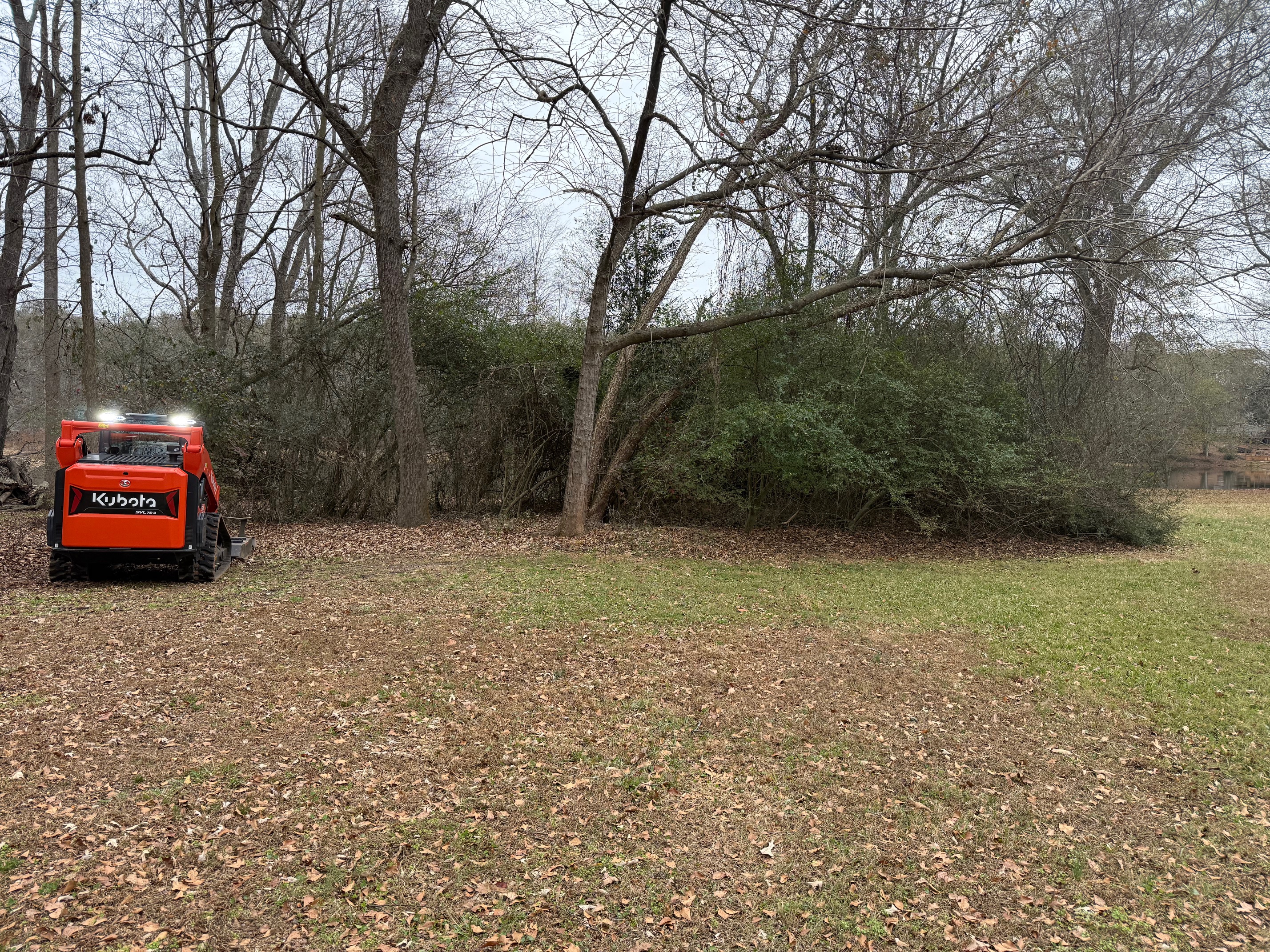 Photo of land clearing equipment near a wooded property line, removing brush and overgrowth to open up usable outdoor space.