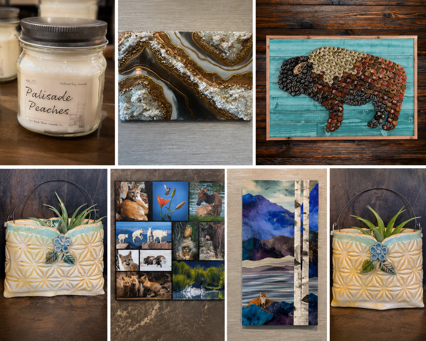 Explore a curated collection of handcrafted art and home d&eacute;cor at The Evergreen Gallery. This collage features the Palisade Peaches soy candle by Our Back Porch Candle Co., an original resin and mixed media artwork by Tara Boertzel, handcrafted folk art by The Moore Family Folk Art, a ceramic pocket wall vase by Boulder artist Ruthann Maze, Colorado wildlife photography, and a mixed media landscape by Amy Love. Discover unique artisan gifts, original artwork, and handcrafted d&eacute;cor for every space.