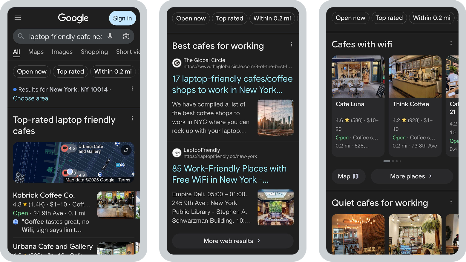 Three mobile screenshots show a Google search for “laptop friendly cafe near me” demonstrating AI-organized search results.