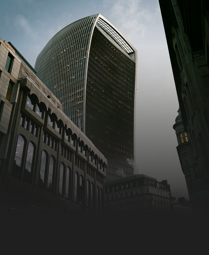 A bottom-up view of The Fenchurch Building in London, England.