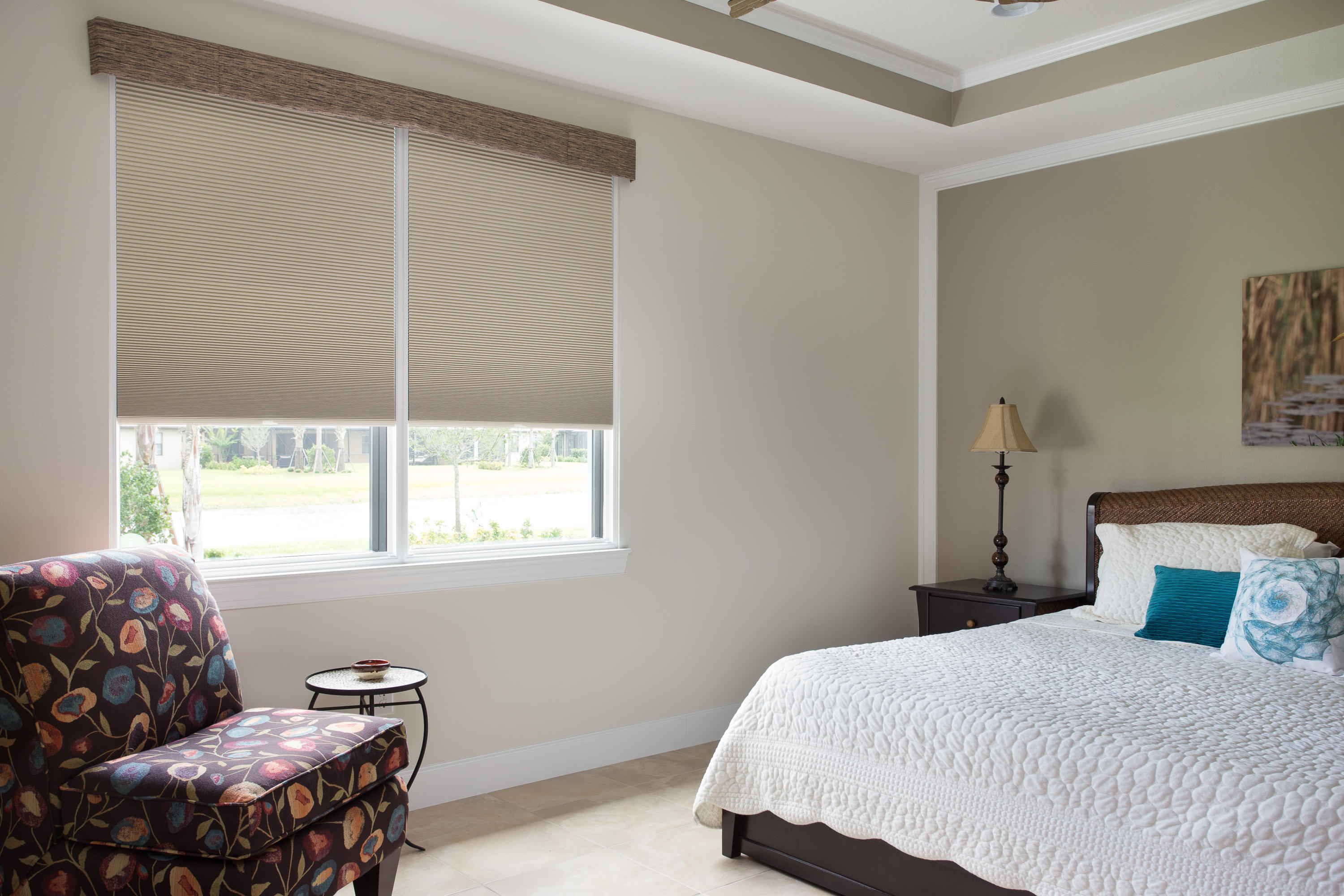 This lovely local Melbourne bedroom is completed with a valance and cellular shades. Visit us at 3945 W Eau Gallie Blvd, Unit 104 Melbourne, FL 32934 to see all the products we have to offer!