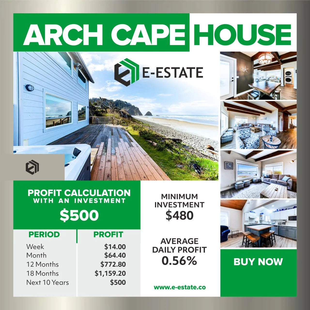 A real estate advertisement for Arch Cape House, featuring a coastal property with a deck and hot tu 