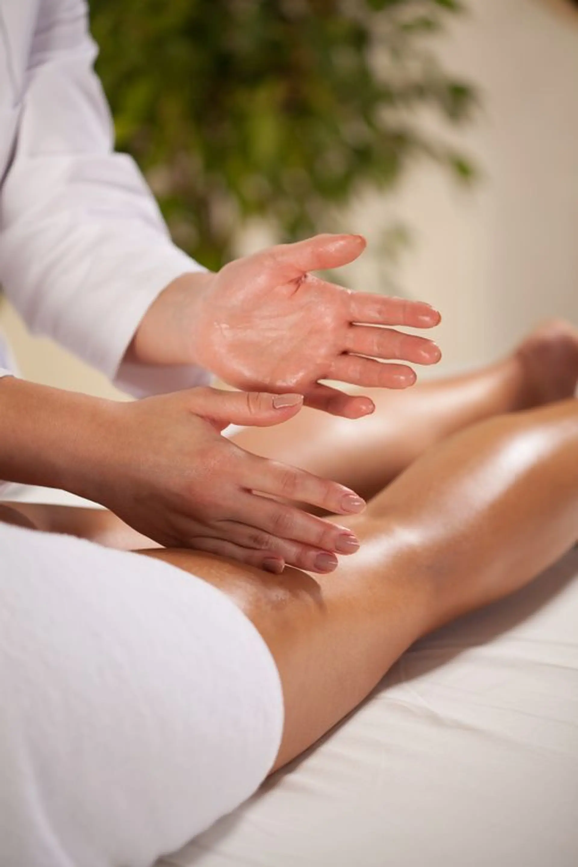 A close-up of two pairs of hands performing a leg massage on a person lying on a white bed. The person giving the massage wears a white lab coat, and their hands are coated in oil. The person receiving the massage has their legs covered by a white sheet, and their skin appears moisturized and smooth. In the background, out of focus, is lush green foliage, suggesting a tranquil spa-like environment.