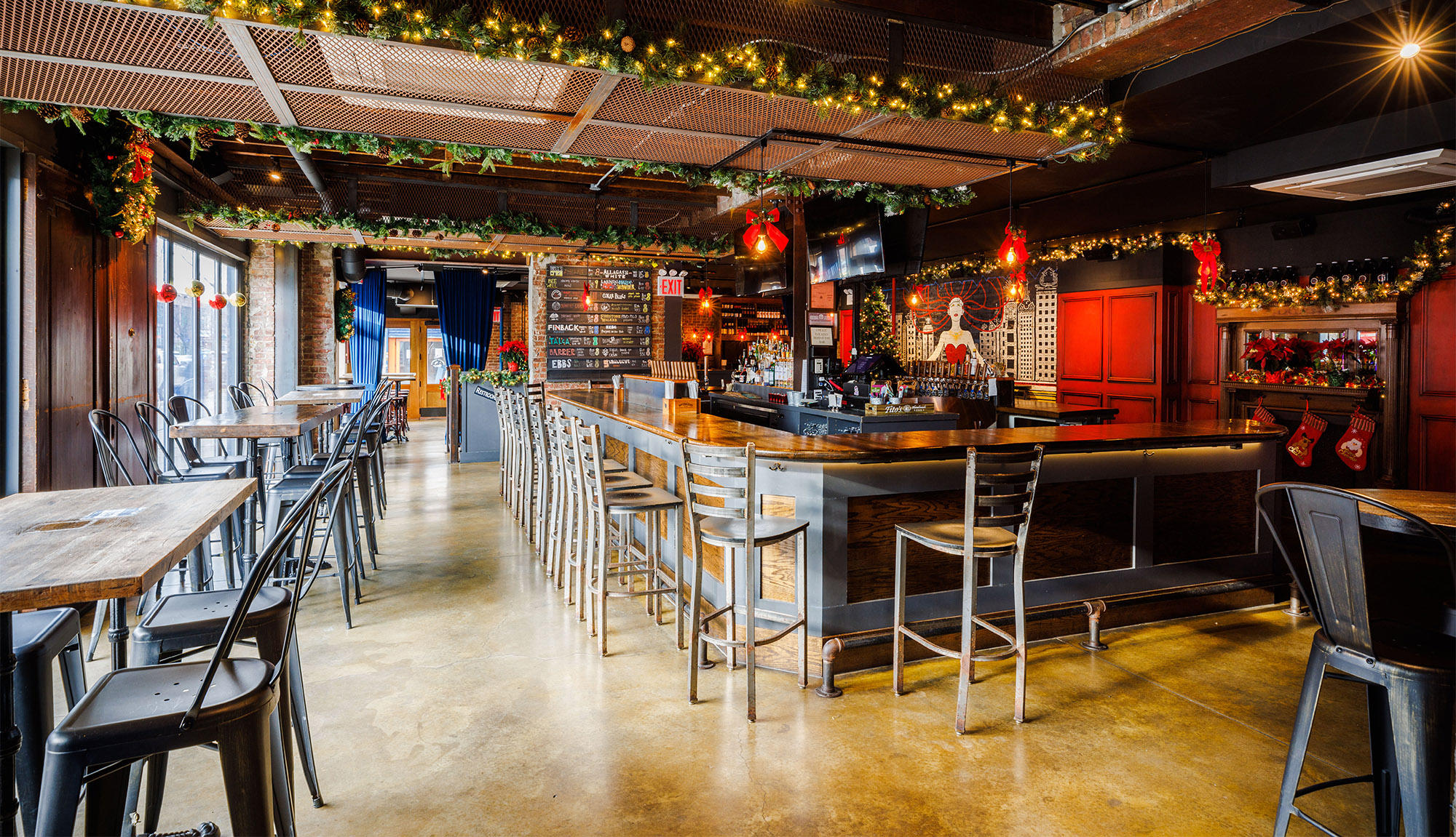 Rivercrest's main bar is dressed up in festive decor for the holiday season located in the heart of Queens, Astoria